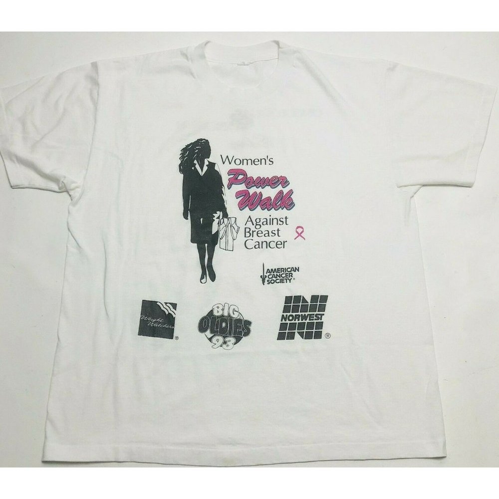 Vintage Womens Power Walk Against Cancer White Single Stitch T Shirt Size L